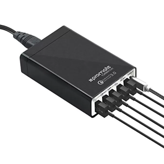 Promate TurboHub 6 Port Quick Charge 3.0 USB Charging Hub with Type C port and 4 Smart Charge Ports, Black