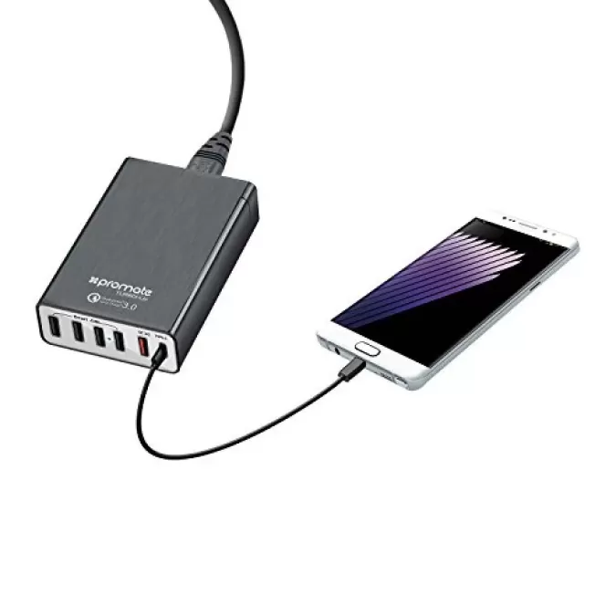 Promate TurboHub 6 Port Quick Charge 3.0 USB Charging Hub with Type C port and 4 Smart Charge Ports, Black