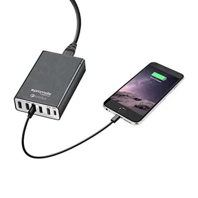 Promate TurboHub 6 Port Quick Charge 3.0 USB Charging Hub with Type C port and 4 Smart Charge Ports, Black