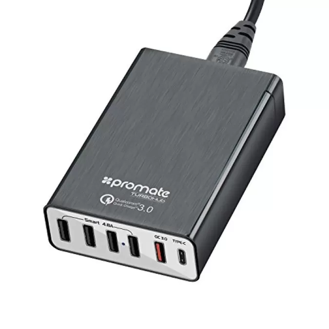 Promate TurboHub 6 Port Quick Charge 3.0 USB Charging Hub with Type C port and 4 Smart Charge Ports, Black
