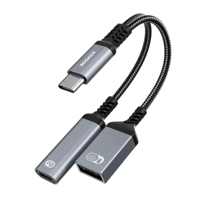 ZOOAUX USB C OTG Adapter, 2X1 USB C To USB Female With 60W PD Charging Port Adapter - ZM-2A 